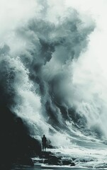 Silhouette of a person standing on a rocky shore as a massive wave crashes in the background.