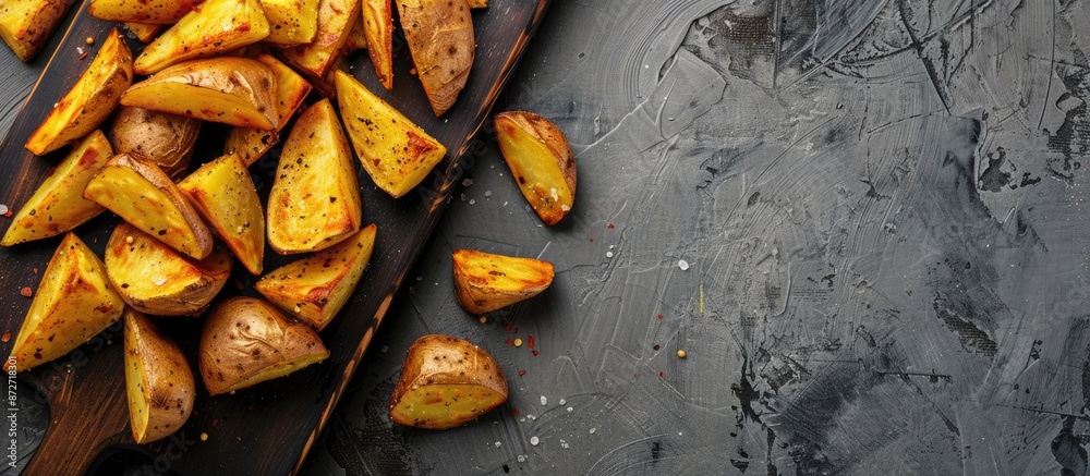 Aufkleber Flat lay of a board with delicious baked potato wedges on a grey background, allowing for text in the image. with copy space image. Place for adding text or design