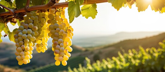 Vineyard with juicy white wine grapes ready for harvest, with a scenic background and ample copy space image.