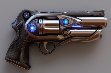 Futuristic sci-fi handgun with glowing blue lights