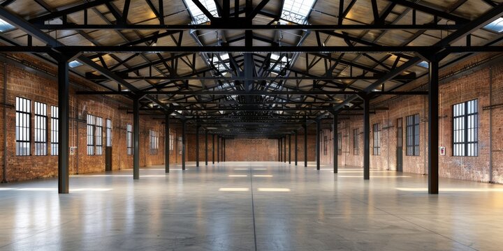 Concrete floor inside industrial victorian factory mill building. Warehouse, storehouse, hangar or plant. Modern interior with metal wall and steel structure with empty space for industry background