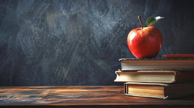 Stack of books with a red apple on a wooden desk in front of a chalkboard backdrop. Ideal for educational themes. Suitable for classroom or study settings. Close-up and detailed image. AI