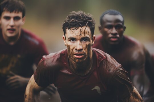 Dynamic rugby players in intense match, athletes competing on the field in a thrilling game