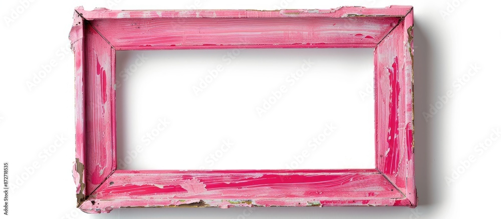 Poster a4 size empty copyspace wooden photo frame colored with pink paint, isolated over the white backgrou