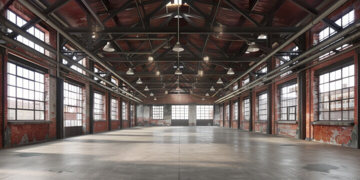 Concrete floor inside industrial victorian factory mill building. Warehouse, storehouse, hangar or plant. Modern interior with metal wall and steel structure with empty space for industry background