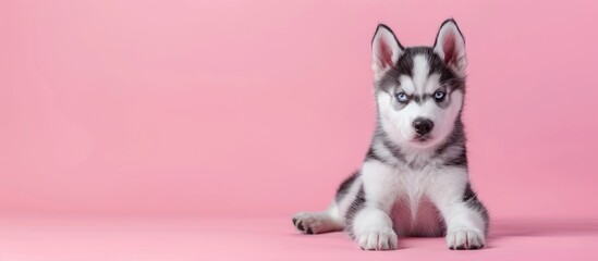 Fototapeta premium Siberian Husky puppy pastel background Baby Isolated. with copy space image. Place for adding text or design
