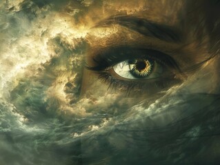A close-up of a mysterious eye peering through stormy clouds, evoking a sense of power and intrigue.