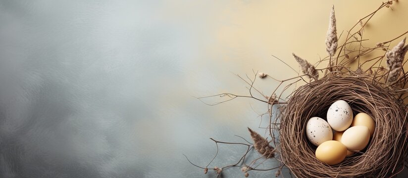 An Easter-themed background featuring a nest with an egg, offering ample copy space for personalized text.