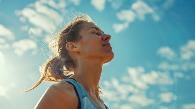Fitness woman runner resting and breathing with happiness against blue sky.