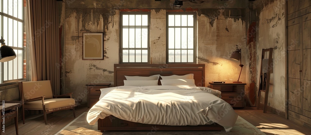 Poster cozy room interior with comfortable bed. with copy space image. place for adding text or design