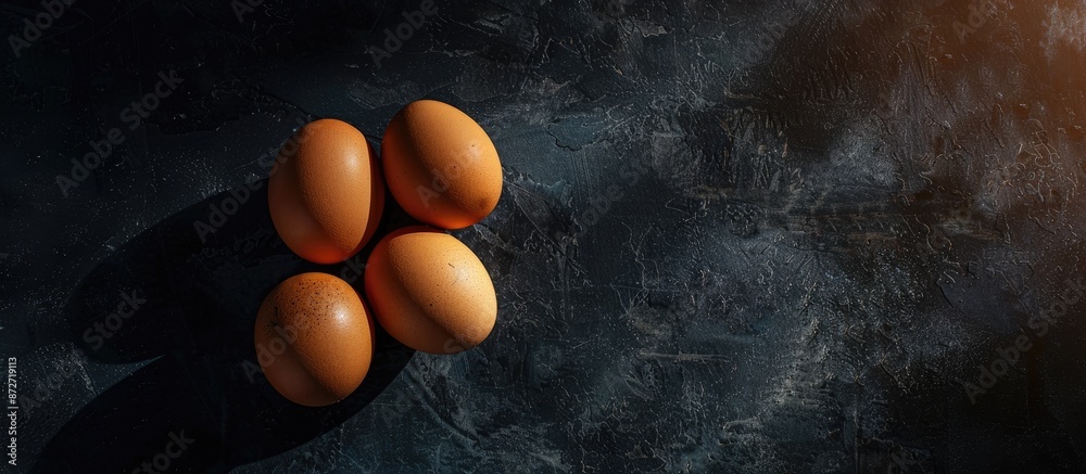 Aufkleber Top view of fresh brown eggs on a dark background with hard shadows, creating a minimalistic and natural home product aesthetic, with empty space for additional elements in the image.