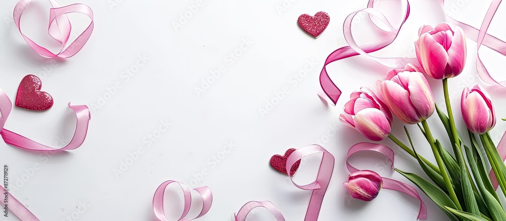 Poster valentine's day themed image featuring pink tulips, hearts, and ribbon on a white background, with s