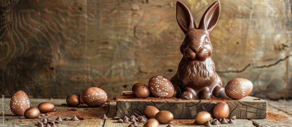 Poster delicious easter treats like chocolate bunny and eggs against a rustic backdrop with copy space imag
