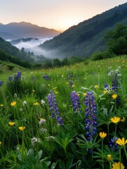 Obraz premium Vibrant mountain meadow with wildflowers at sunset