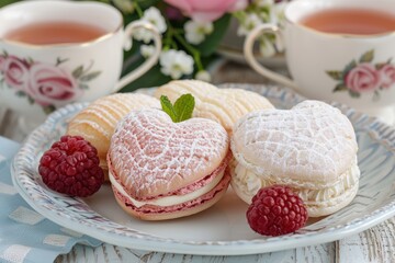 Assortment of delicate pastries and fresh raspberries on a vintage plate