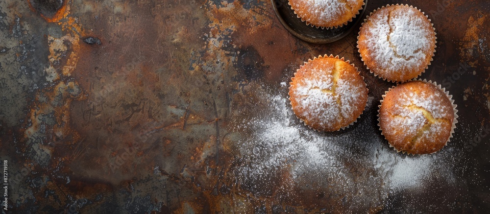 Aufkleber top view of muffins and powdered sugar on an old metal surface with a plain background for copy spac