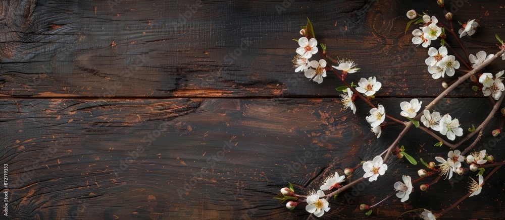 Aufkleber Blooming branches on a dark wood backdrop create an enchanting copy space image.