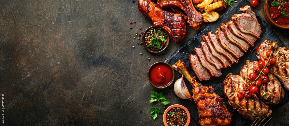 Aufkleber barbecue meat selection displayed on a dark backdrop, portraying a homemade food theme. overhead vie