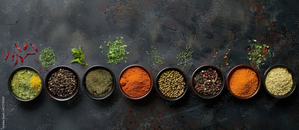 Poster Flat lay of various spices displayed on a dark concrete background with ample copy space image.
