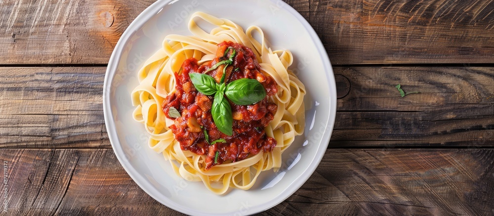 Poster beef pasta in napoli sauce served on a white plate with a wooden table backdrop in a copy space imag