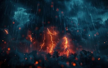 Naklejka premium Dark stormy sky with lightning strikes and rain.