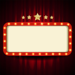 Retro style board with light bulb frame. Hexagonal shape. Vintage theater sign