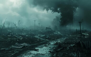 Fototapeta premium A powerful tornado rips through a forest, swirling debris and fire in its path.