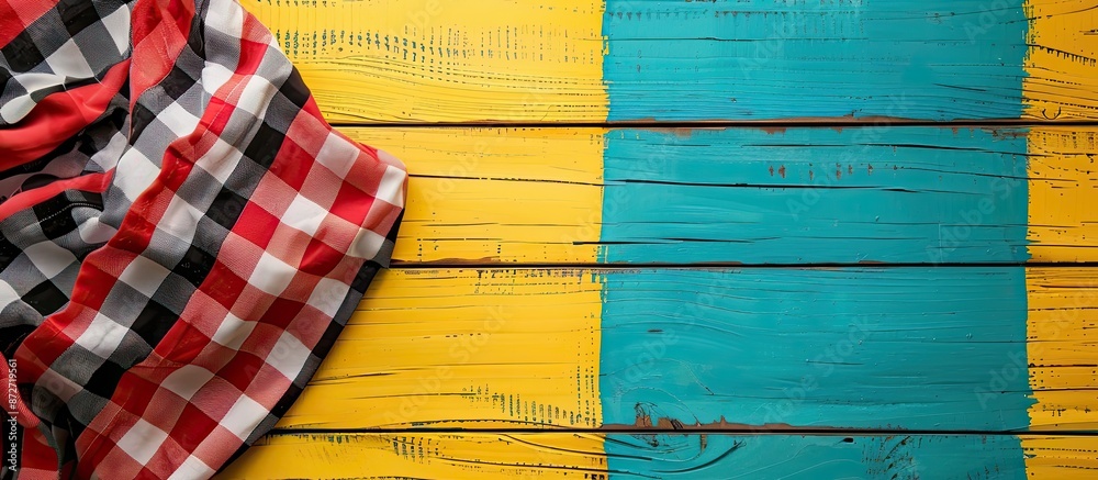 Poster checkered tablecloth set on a colorful wooden table background in a top-down view, with copy space i