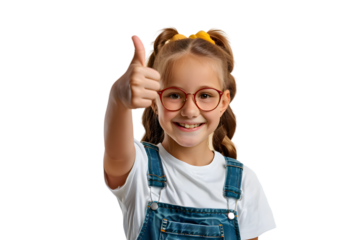 Smiling school girl showing thumb up isolated on transparent background
