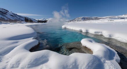 Serene winter landscape with turquoise lake and snow-capped mountains
