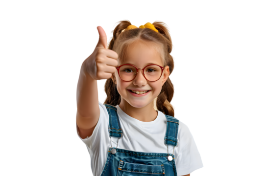 Smiling school girl showing thumb up isolated on transparent background