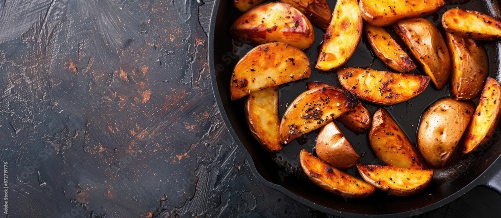 Aufkleber potato wedges cooked with spices in a frying pan with room for copy space image.