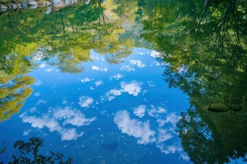 the sky is reflected in the water of the river