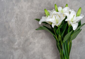 Elegant white lily bouquet on gray marble background