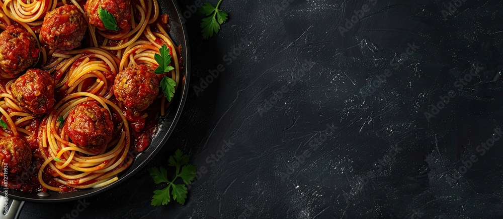Aufkleber Top view of a frying pan containing spaghetti with meatballs in tomato sauce and parsley on a dark table background. Banner layout with copy space image included.