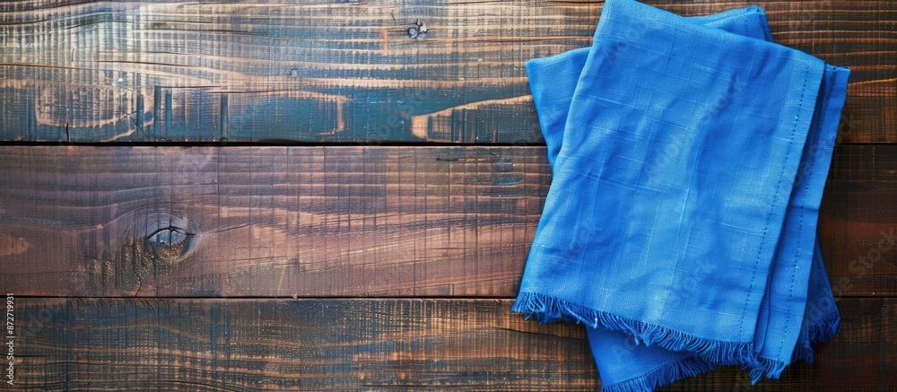Poster minimal style top view of blue kitchen napkin folded on a table surface, providing a copy space imag