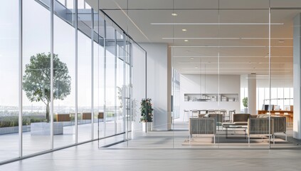 Luxury office interior space with glass walls, interior design, a modern minimalistic empty design. Marble floors expensive corporate environment