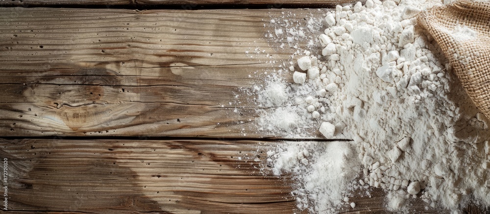 Poster Close-up view of flour on a rustic wooden table with space for text or images. copy space available