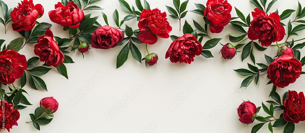 Leinwandbilder fresh red peonies on a white backdrop with room for text. floral border in a flat lay, seen from abo