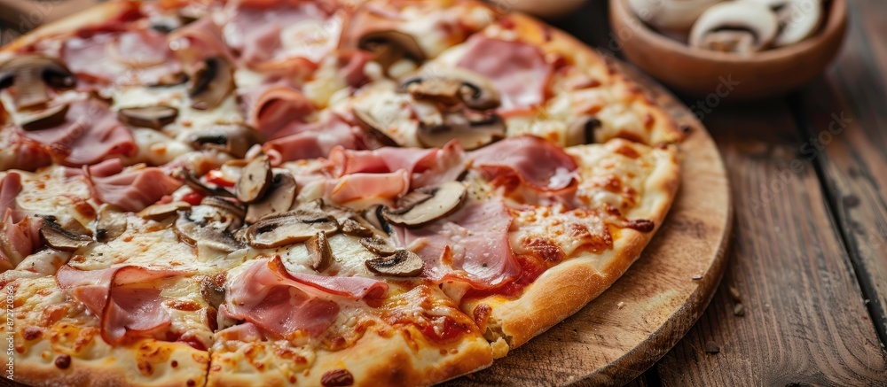 Aufkleber Selective focus on fresh-baked pizza with ham and mushrooms against a toning background in a copy space image.