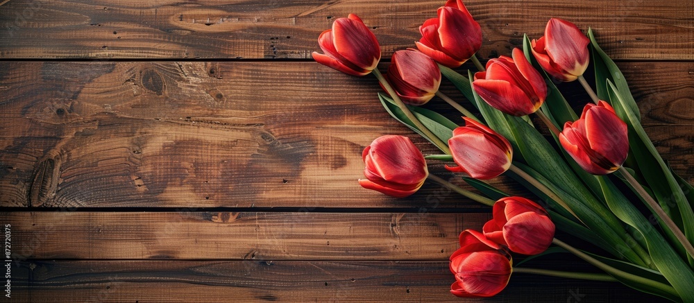Poster tulips arranged on a table with a wooden background, providing a lovely copy space image.