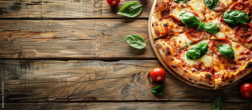 Poster Italian pizza displayed on a rustic wooden table with copy space image.