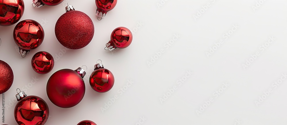 Aufkleber a white background with red christmas ornaments arranged, providing a copy space image for design in