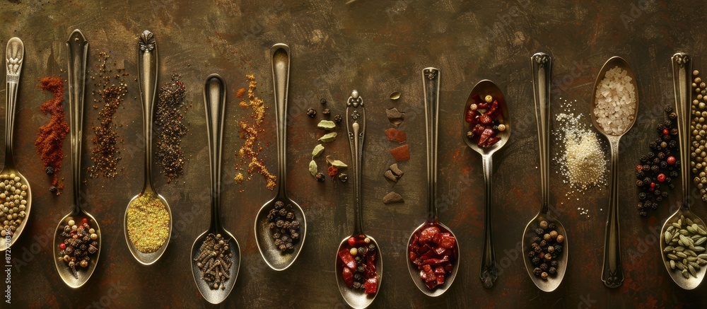 Poster Various spices on spoons set against a vintage backdrop, with ample copy space provided for your text in the image. Top-down perspective.