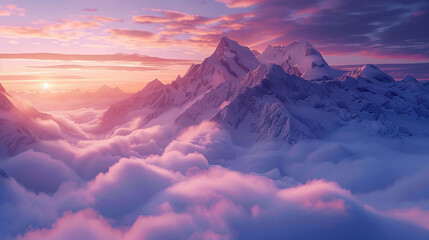 A majestic mountain peak towering above the clouds, bathed in golden sunlight with a soft mist rising from its base