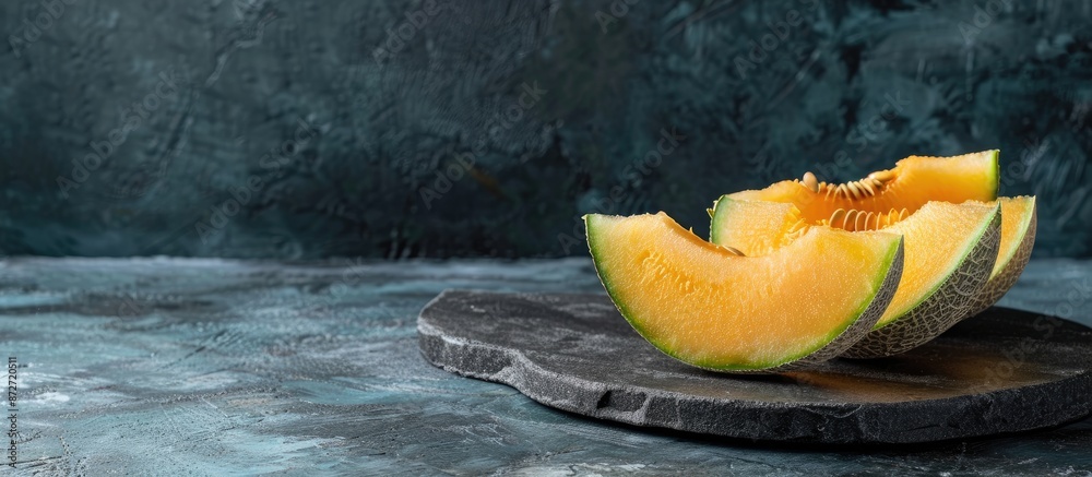 Poster sweet ripe melon displayed on a table with copy space image.