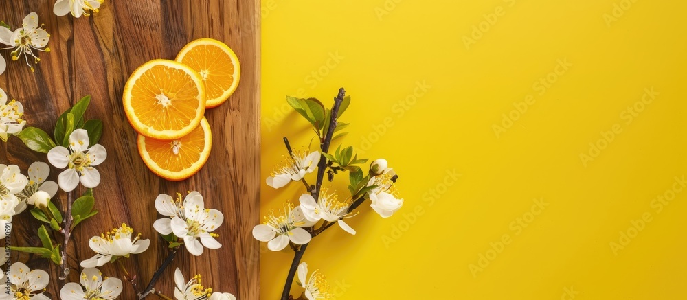 Poster top view of a wooden board with a sliced orange and a blossoming branch placed on a yellow backdrop,