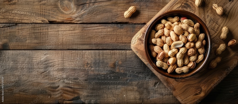 Poster An overhead shot of a peanut in a bowl placed on a cutting board on a wooden table with copy space image.