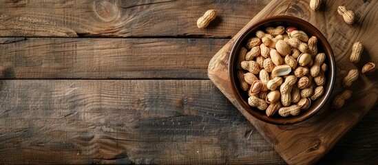 An overhead shot of a peanut in a bowl placed on a cutting board on a wooden table with copy space image.