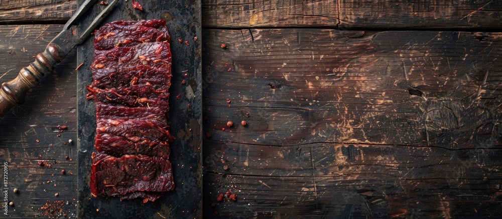 Poster Top view of meat jerky displayed on a butcher's cleaver against a dark wooden backdrop with space for adding text or images. copy space available